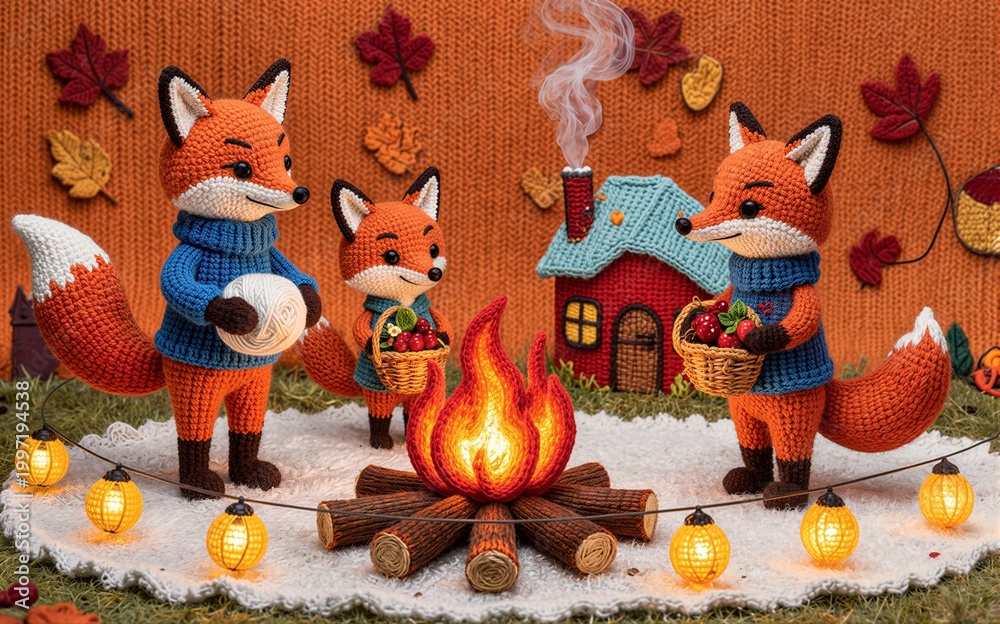 Fototapeta premium Three crocheted foxes gather 'round a cozy autumn campfire.