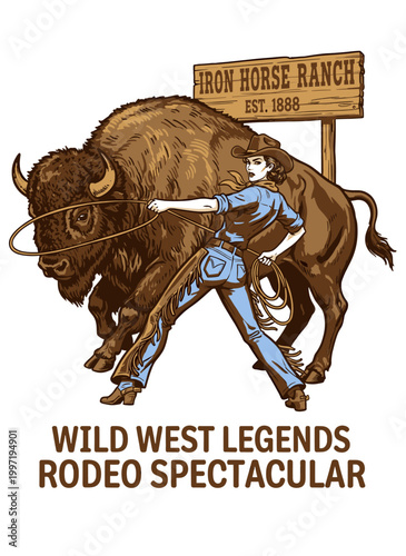 Vintage wild west cowgirl roping a buffalo bison, Iron Horse Ranch rodeo spectacular mascot vector illustration for t-shirt design