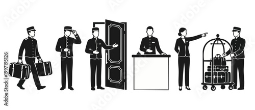 Hotel Staff Icons Set with Bellhop, Receptionist, and Luggage Cart, Vector Illustration of Professional Hospitality Service Personnel Providing Customer Assistance in Modern Hotel Environment Concept