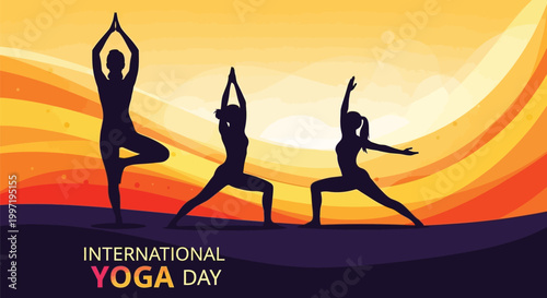 International yoga day silhouette of people practicing yoga at sunset wellness harmony