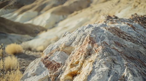 Close up view of weathered desert rock formations displaying intricate geological patterns and stratified textures, highlighting erosion and natural earth elements