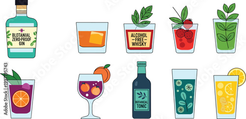 Non-Alcoholic and Alcoholic Drink Vector Set Featuring Gin, Alcohol-Free Whiskey, Mocktails, and Herbal Infusions for Refreshing Beverage Illustrations