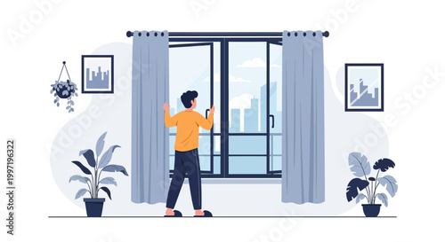 Man opening curtains to a city view from his apartment window, fresh start concept