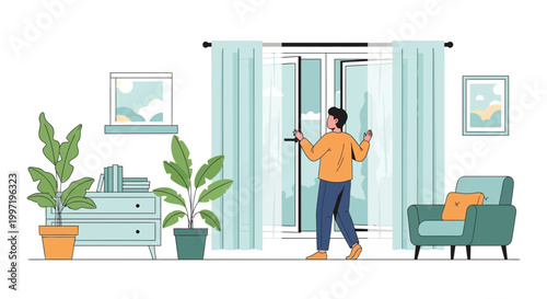Man opening curtains to let in fresh air and sunlight into a cozy living room
