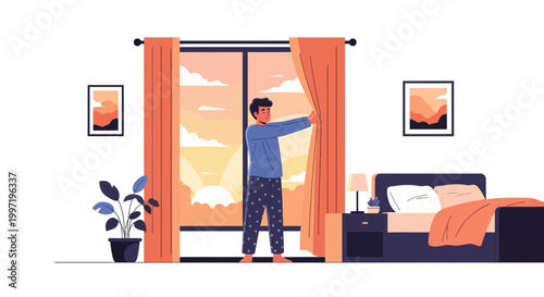 Man opening curtains in bedroom, sunrise, morning light, peaceful start to the day