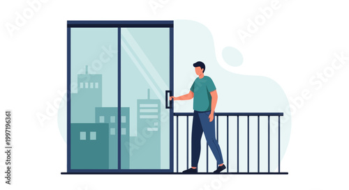 Man opening sliding glass door to balcony with city view