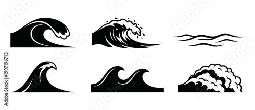 Ocean Wave Icons Set Black Vector Illustration, Sea Water Splash and Surf Symbols, Isolated Graphic Shapes for Tsunami or Storm Concept, Minimalist Design Elements for Coastal Branding and Logo Projec