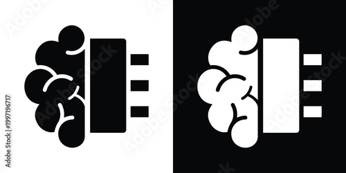 A minimalist icon design featuring a split brain and microprocessor circuit chip, symbolizing advanced artificial intelligence, neural networks, and modern computing. High contrast vector.