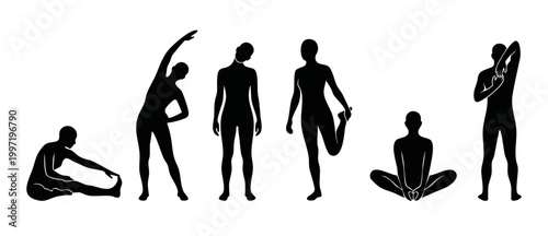 People Stretching Exercise Silhouettes Collection - Fitness Training Routines and Flexibility Workout Positions, Set of Isolated Human Body Poses for Physical Activity, Yoga, Pilates, and Healthy Life