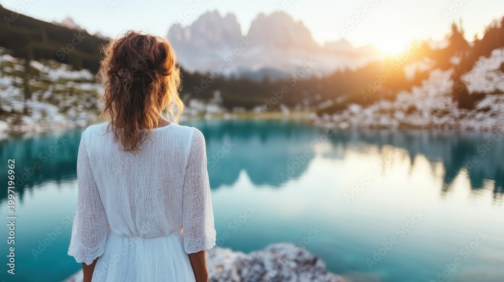 Fototapeta premium A serene woman gazes off into the peaceful lake and mountains, capturing the essence of tranquility and the beauty of nature at sunset in this picturesque landscape.