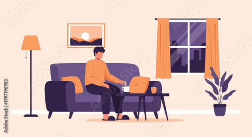 Man working on laptop on sofa at home, cozy living room, remote work concept