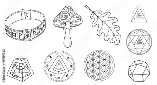 Mystical Symbols and Nature Objects Hand Drawn Line Art Illustration