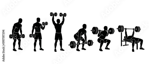 Gym workout exercise silhouettes, fitness weightlifting routine set. Man training with dumbbells and barbell, deadlift, squats and bench press movements for bodybuilding, sports health vector graphic.