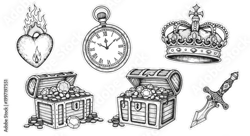 Vintage Treasure Symbols with Crown Chest Sword Pocket Watch and Heart