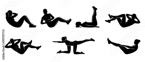 Woman Abdominal Workout Exercise Silhouettes Collection for Core Fitness Training and Pilates Routines, Isolated Black Icons on White Background Showing Crunches, Leg Raises and Strengthening Movement