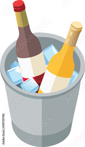 bucket with bottles and ice cubes in flat illustration style