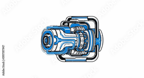 Abstract blue and white mechanical assembly with pipes and gears