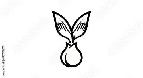 Abstract bulbous plant with stylized hands emerging from leaves