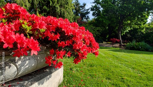 Red azaleas cascade from a stone urn, framing a lush green lawn and tree-filled landscape on a sunny day
