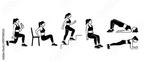 Woman exercise workout set black icons, fitness routines for home training, healthy lifestyle activities and physical strength training, minimalist vector illustration for infographic or sport guide