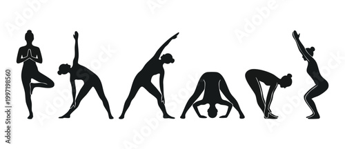 Yoga Poses Silhouette Set for Fitness and Wellness Training, Female Instructor Exercising in Multiple Stretching Positions, Isolated Black Graphic Icons Collection for Healthy Lifestyle Design Project