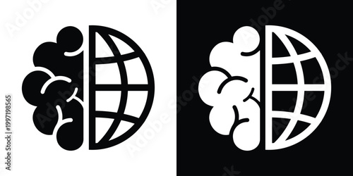 Conceptual icon featuring a split brain and globe grid, symbolizing global connectivity, world-wide artificial intelligence, and human-machine interaction. Vector art.
