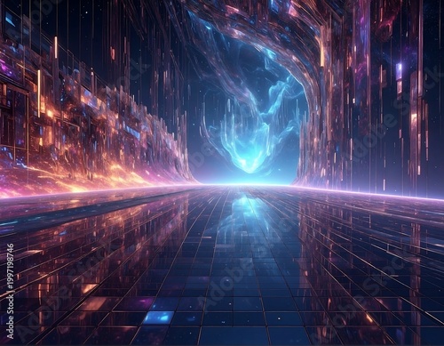 Futuristic digital cityscape with a reflective floor and tunnel-like structure leading to a bright light