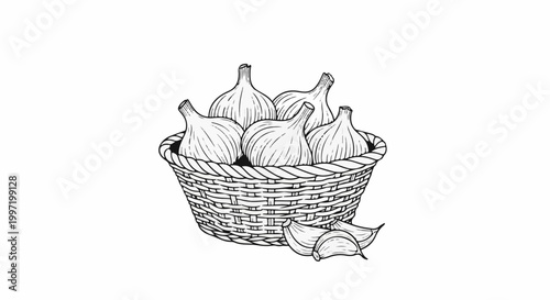 A woven basket overflowing with fresh garlic bulbs and loose cloves