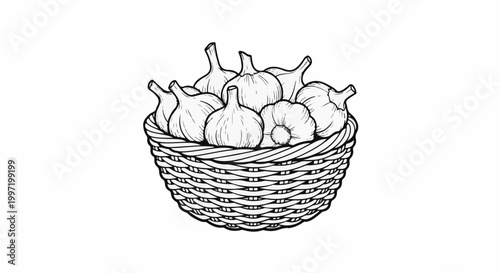 A woven basket overflows with bulbous garlic cloves in a sketch
