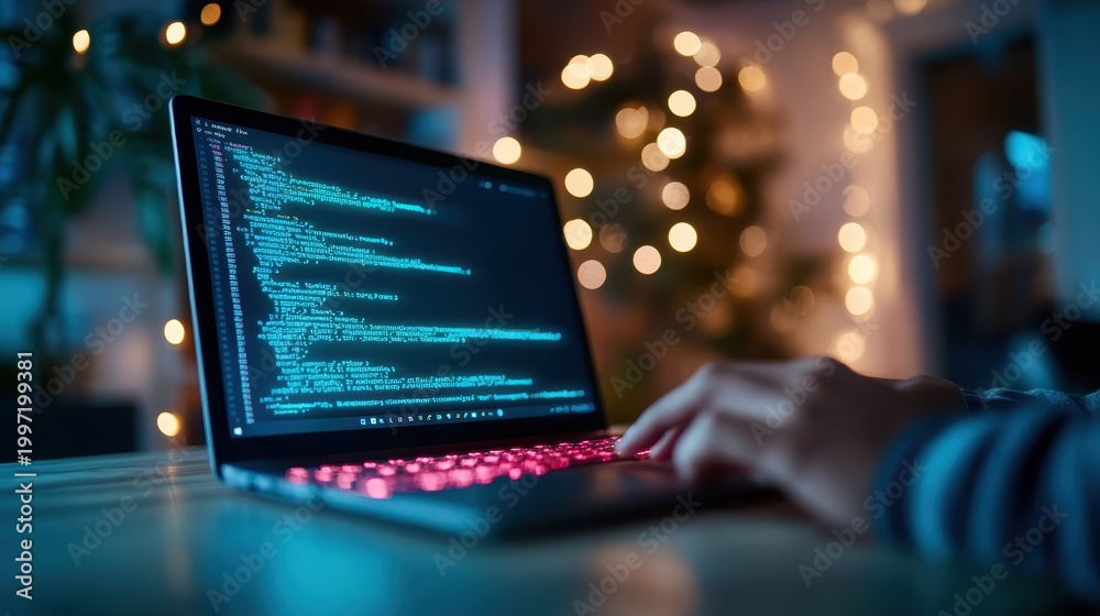 Fototapeta premium A close-up of a person's hand typing code on a sleek laptop, contrasted with a festive bokeh background, symbolizing creativity and productivity in a modern digital workspace.