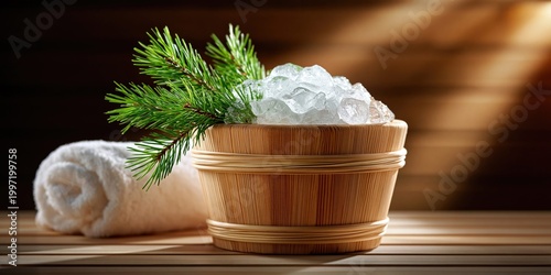 Wooden bucket with ice and pine branch next to rolled towel in sauna