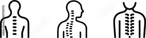Spine and posture icons set, human backbone anatomy, orthopedic and chiropractic care, minimalist outline vector illustration for health and medicine