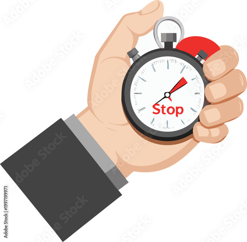 hand holding stopwatch with stop text on white background