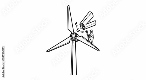 A worker repairs a wind turbine's rotor with a wrench