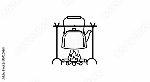 A simple line drawing shows a kettle suspended over a campfire