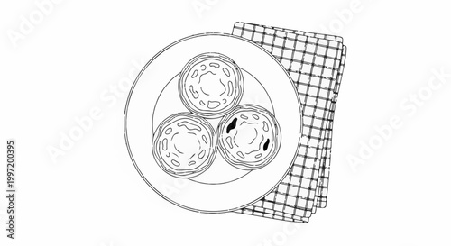A simple line drawing of three round pastries on a plate with a checkered napkin