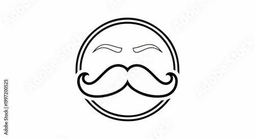 A whimsical facial icon with a prominent mustache within a circular frame