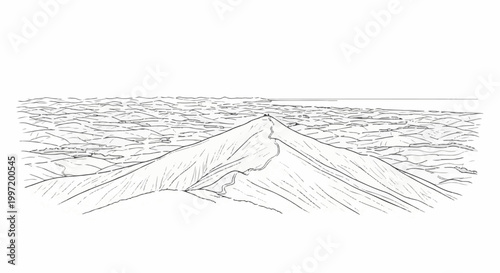 A striking sketched landscape depicts a solitary peak with a winding path leading towards the summit