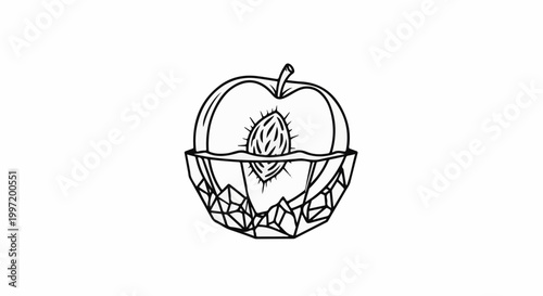 A single outline illustration of a halved peach with its pit