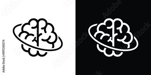 Minimalist icon of a human brain encircled by a ring, symbolizing orbital intelligence, global data processing, and interconnected cognitive networks. Vector design.