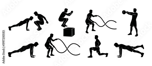 Fitness workout exercise silhouettes collection, man training with kettlebell battle ropes box jump and push ups, gym equipment routine vector set isolated on white background for health and sport con