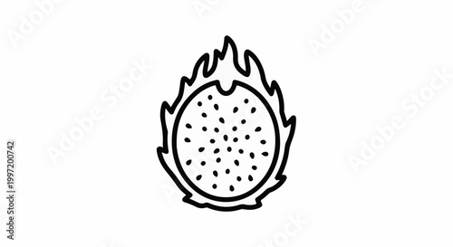 A stylized line art illustration of a dragon fruit cut in half