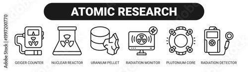 Atomic Research web banner icon vector illustration concept with icons of geiger counter, nuclear reactor, uranium pellet, radiation monitor, plutonium core, and radiation detector. 