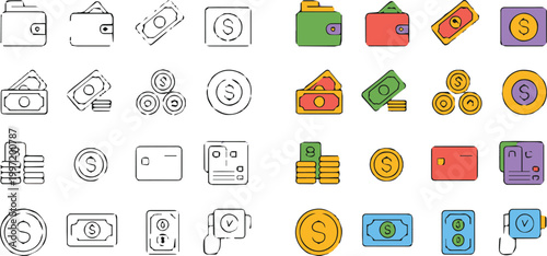money icon set grid with monochrome and color finance symbols