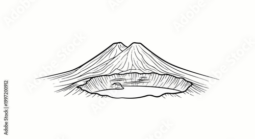 A stylized drawing depicts a volcanic crater with two peaks and a lake within