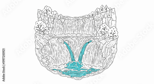 A stylized, detailed illustration of a multi-tiered waterfall cascading down rocky cliffs