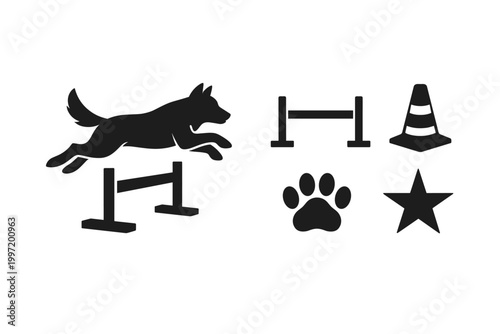 Minimalist black vector icon set for dog agility training featuring a silhouette of a dog jumping over a hurdle, plus separate hurdle obstacle, traffic cone, animal paw print, and star symbol.