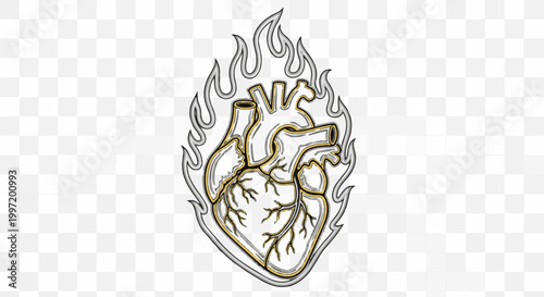 A stylized anatomical heart engulfed in abstract flames