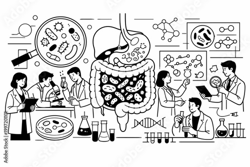 Detailed line art illustration of a team of scientists and doctors studying the human digestive system and gut microbiome in a laboratory with microscopes, petri dishes, and molecular diagrams.