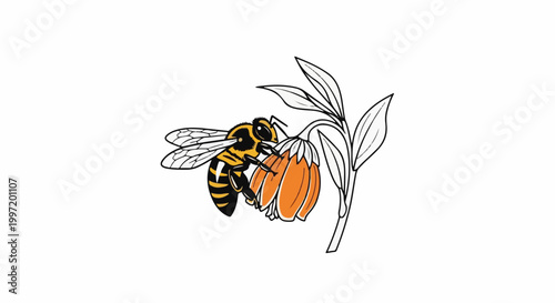 A stylized bee with yellow and black stripes gathers nectar from an orange, bell-shaped flower